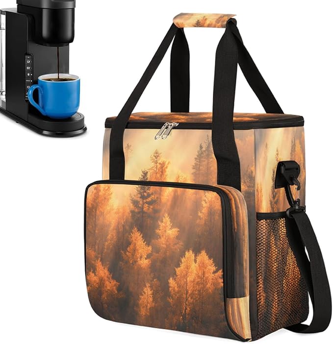 Maple Forest Autumn Coffee Maker Carring Bag Travel Carrying Storage Tote Bag Compatible with Keurig K-Mini or K-Mini Plus Portable Single Serve Coffee Brewer Case with Pockets for K-cup Pods