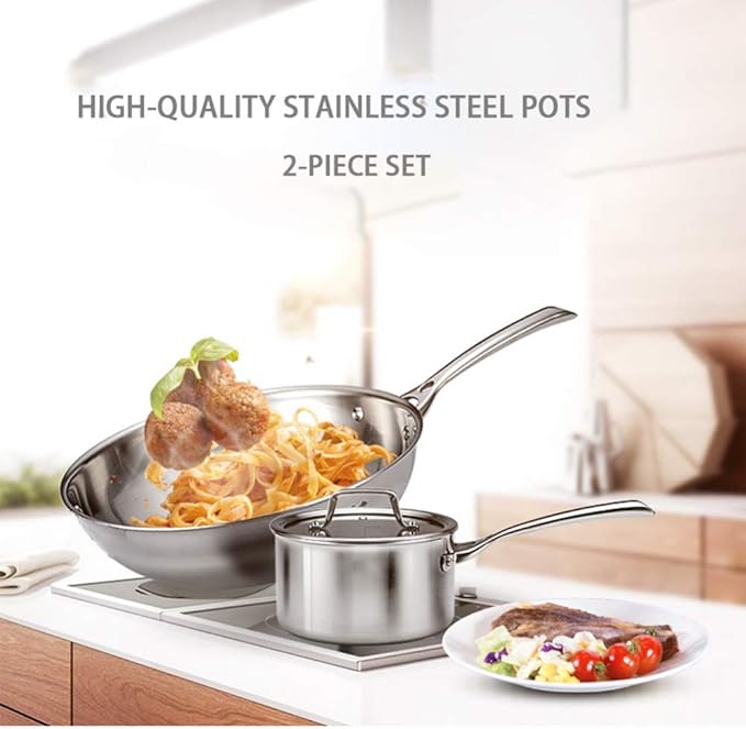2-Piece Cookware Set Stainless Steel Wok Saucepan with Tempered Glass Lid Comfortable Handle Suitable for Gas Induction Cooker Easy to Clean Large Pan