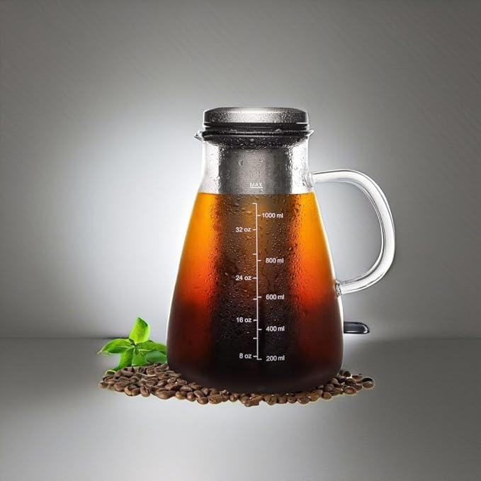 Cold Brew Iced Coffee Maker 34oz Brewed Coffee Pot with Removable Double Mesh 304 Stainless Steel Filter BPA-Free Cold Brew Pitcher Glass Container Tea Maker