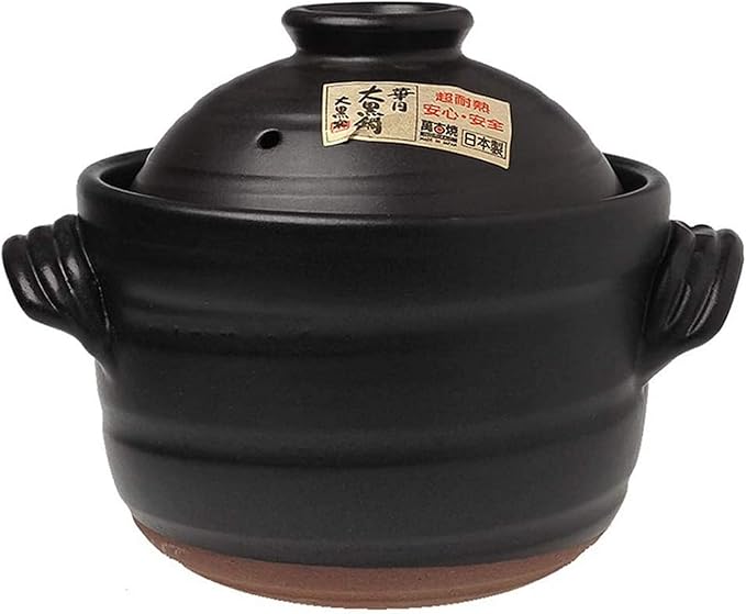 Clay Rice PotJapanese Rice Cooker with Double LidRound Ceramic CasseroleHeat Resistant Glazed Earthenware PotSlow Stew PotStockpotHot Pot Black 0.9l (Black 2.3L)