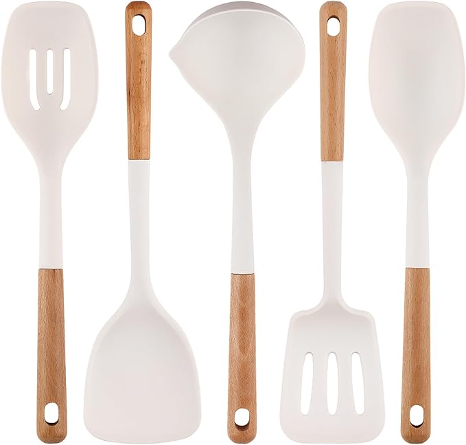 Silicone Cooking Utensils Set 5 Pcs Large Non-Stick Kitchen Utensils Set Wooden Handle Heat Resistance Turner Soup Ladle Spoon Silicone Cooking Kitchen Gadgets BPA Free for Nonstick Cookware