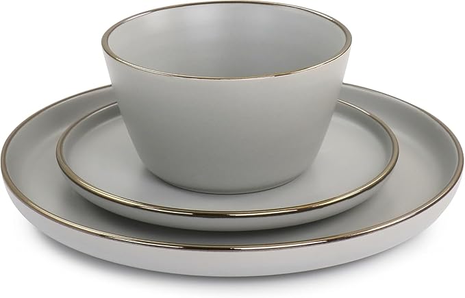 16 Piece Stoneware Dinnerware Set with Gold Rim – Matte Black White &amp Slate Plates Bowls and Mugs – Microwave &amp Dishwasher Safe Tableware Set for 4 (Matte Slate)