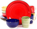 12 Piece Color Vibes Handpainted Stoneware Dinnerware Set Multi Solid Traditional Round Dishwasher Safe