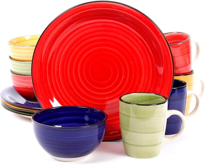 12 Piece Color Vibes Handpainted Stoneware Dinnerware Set Multi Solid Traditional Round Dishwasher Safe