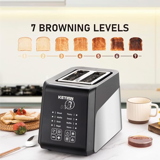Touchscreen Toaster 2 Slice KETIAN Bagel English Muffins Toast Pastry Waffles Grain Sweet Bread Toaster Extra Wide Slots Single Slot Toasting Automatic Lifting 1400w (Black)