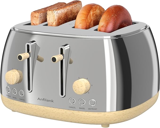 Toaster 4 SliceRetro Stainless Steel Toaster with Extra Wide Slots Dual Independent Control Panel Cancel Bagel Defrost Function Removable Crumb Tray (Silver)