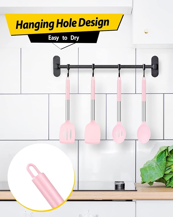 Pack of 4 Silicone Cooking Utensils Set Non Stick Large Solid Spatulas Heat Resistant Pink Slotted Spoons Ideal BPA Free Kitchen Turners for Frying MixingServingDrainingTurningStirring