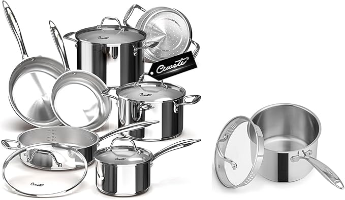 11PC Stainless Steel Cookware Set &amp 3 QT Saucepan (Glass Lid)