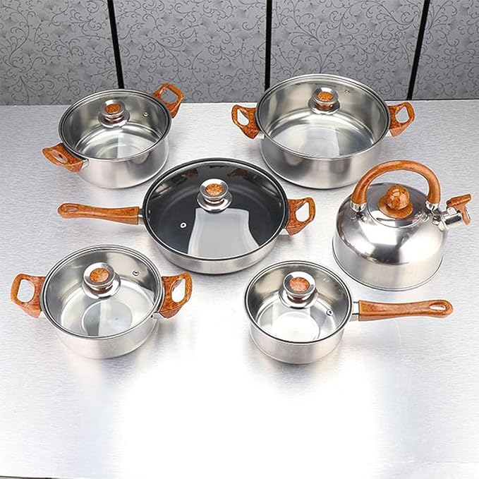 Cooking Pot Frying PanCookware Set 12 Piece Kitchen Stainless Steel &amp Pan Sets Induction Saucepan Casserole Pan Glass Lid Pans (B) vision