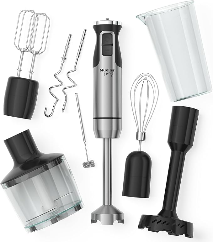 MuellerLiving Immersion Hand Blender Full Set - 8 Speed Immersion Blender Hand Mixer with 7 Attachments: Stainless Steel Blade Whisk Milk Frother Beater Mixing Hooks Potato Masher Chopper Bowl