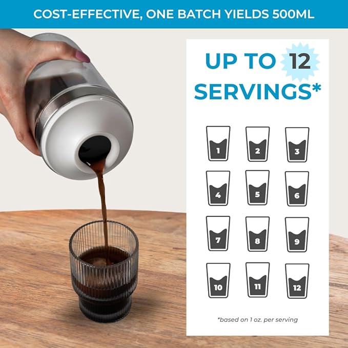 Cold Brew Coffee Maker Set (Brewer &amp Carafe) Up to 12 Servings of Concentrate Reusable Stainless Steel Dual Filter Durable Borosilicate Glass &amp Spill-Proof Pouring Spout 16.9 fl oz / 500ml