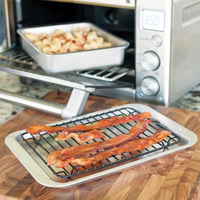 Nordic Ware Naturals 3 Piece Compact Pan Set Toaster Oven Counter Ovens Air Fryer and Broiler Safe Size for 1-2 Portions - Includes Baking Sheet Broiling Rack and Rectangular Pan
