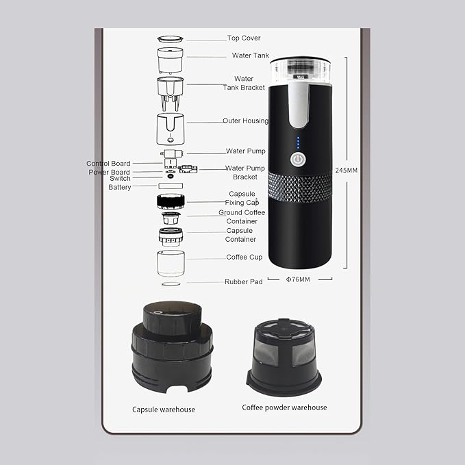 Portable Coffee Maker Rechargeable Coffee Machine Ground Capsules Automatic Extraction with Built in Compartments 1200mAh Rechargeable Battery for Travel Camping