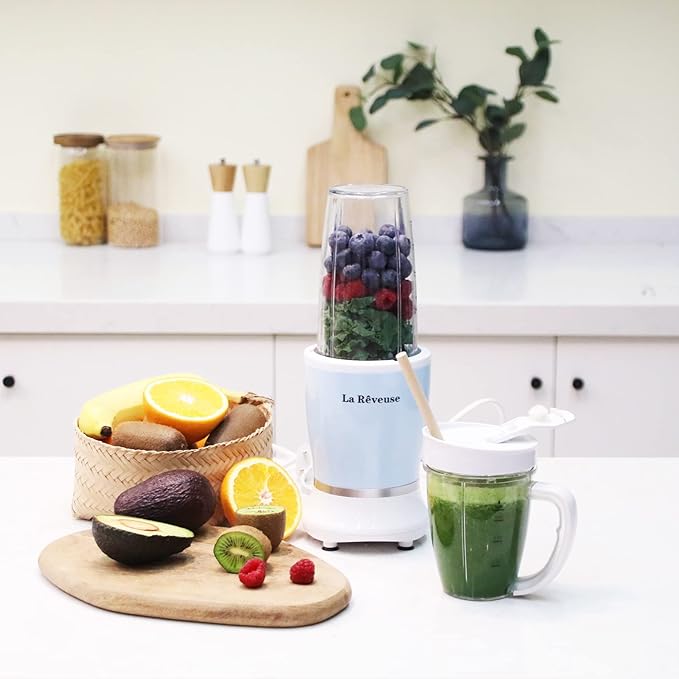 La Reveuse Personal Size Blender 250 Watts Power for Shakes Smoothies Seasonings Sauces with 1 Piece 15 oz Cup1 Piece 10 oz MugBPA-Free (Sky Blue)