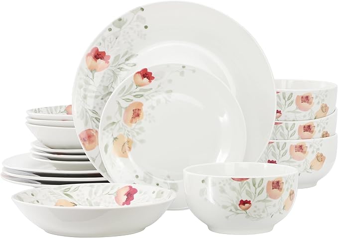 Elama Poppy 16 Piece Porcelain Double Bowl Dinnerware Set Service for 4