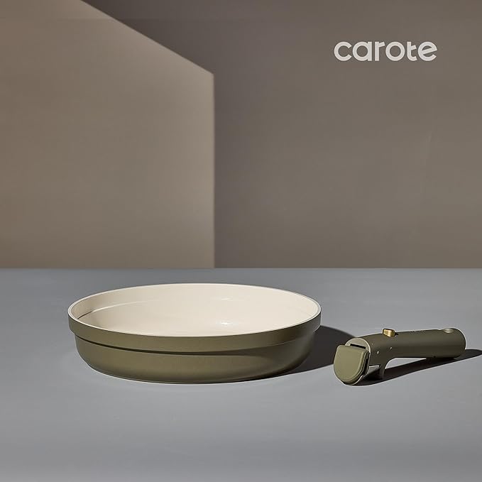 Carote 9pcs Ceramic Cookware Set with Detachable Handles Pots and Pans Set Non Stick RV Kitchen Cooking Pot and Pan Dishwasher Safe Non-toxic Induction Cookware PFAS and PFOA Free Olive Green