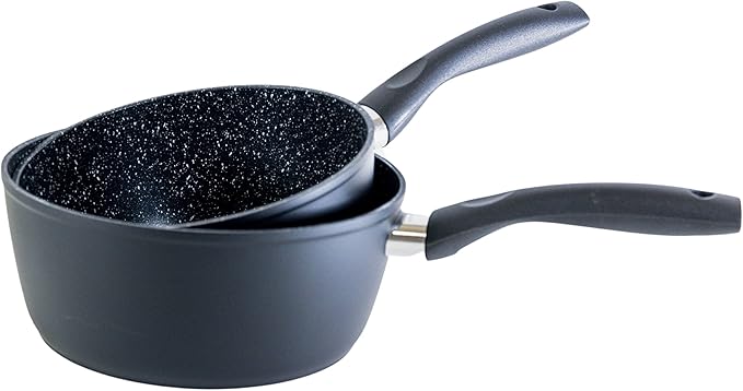 Set of 3 Frying Pans 20 24 28 mm + 2 Saucepans 18.3 cm Stone Style Exterior Black
