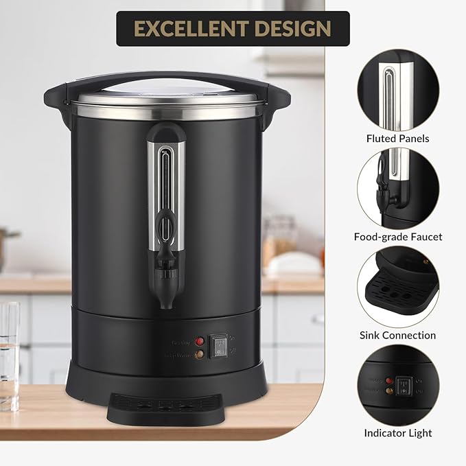 Coffee Urn 14L Hot Beverage Dispenser for Catering Double-Wall Stainless Steel Percolator Dripless Faucet Coffee Urn w/Water Level Gauge &amp Drip Tray Keep Warm Indicator Lights Black