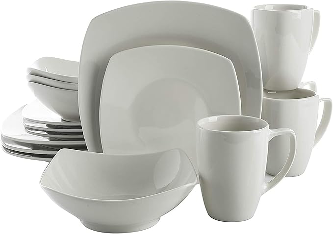Gibson Home 102539.16RM Classic Porcelain Zen Buffet 16 Piece Square Dinnerware Set with Multi Sized Plates Bowls and Mugs White (2 Pack)