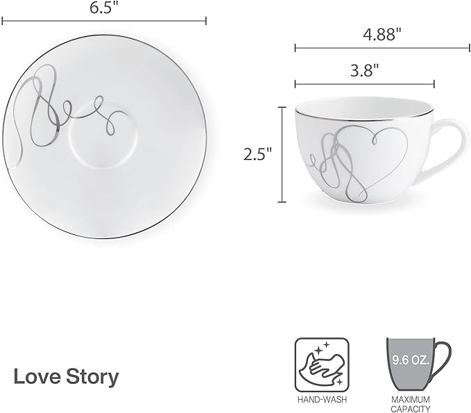 Mikasa Love Story Platinum Banded Teacup and Saucer Set Set of 4 9.6-Ounce