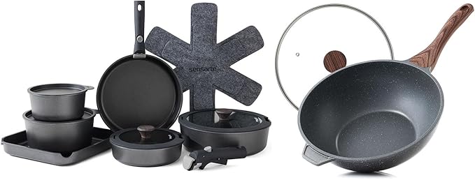 SENSARTE 17 Pcs Nonstick Detachable Handle Cookware Set 4.5 Quart Nonstick Wok Pan with LidInduction Skillet