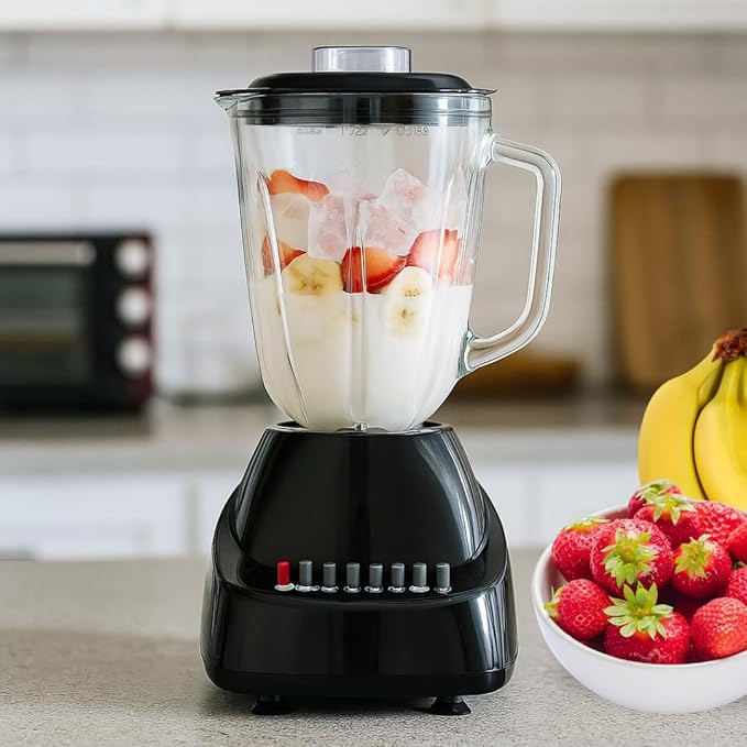 Alpine Cuisine 10-Speed Blender with 50oz Glass Jar 450W High-Power Kitchen Countertop Mixer for Smoothies Shakes Crushing Ice and Pureeing Stainless Steel Blades Pulse Function Black