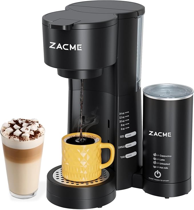 ZACME Single Serve Coffee Maker with Milk Frother Coffee Machine with Brewing &amp Frothing System 28oz Water Tank Adjustable Brew Strength Quick Brew Self-Cleaning