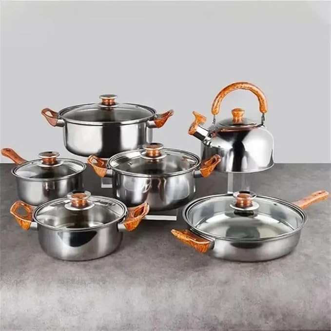 12 Pieces Stainless Steel Water Kettle Milk Soup Pot Non Stick Household Kitchen Cookware SetA12 pcB-12 pc (A 12 pc)