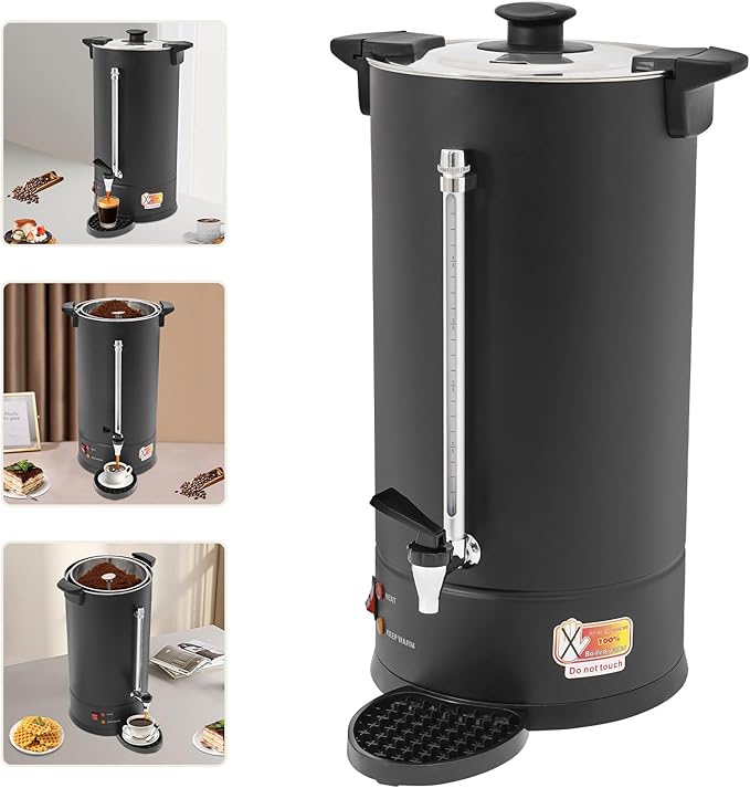 25L Stainless Steel Coffee Urn Hot Water Dispenser Commercial Electric Brewer with Drip Tray No Temp Dial Black Party Catering Church Office Cafeteria Percolator Maker 100-Cup Spigot Tap