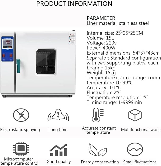 15L Lab Drying and Heating OvenDigital Forced Air Convection Drying Oven 500W Forced Air Laboratory Oven 220V RT+50 300℃ Stainless Steelfor Drying&ampHeat Treatment