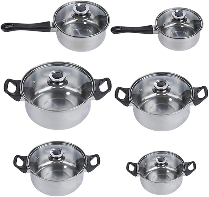 6PCS Stainless Steel Cooking Pot&amp Pan Sets Cookware Set Kitchen Induction Saucepan Casserole Pan Glass Lid Pans