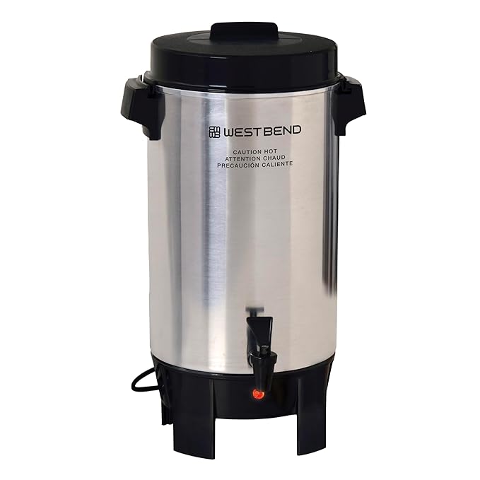 West Bend Coffee Urn Highly-Polished Aluminum Features Automatic Temperature Control with Cup Per Minute Brewing and Easy Clean Up Includes In-Basket Measuring Guide and Ready Light 42-Cup Silver