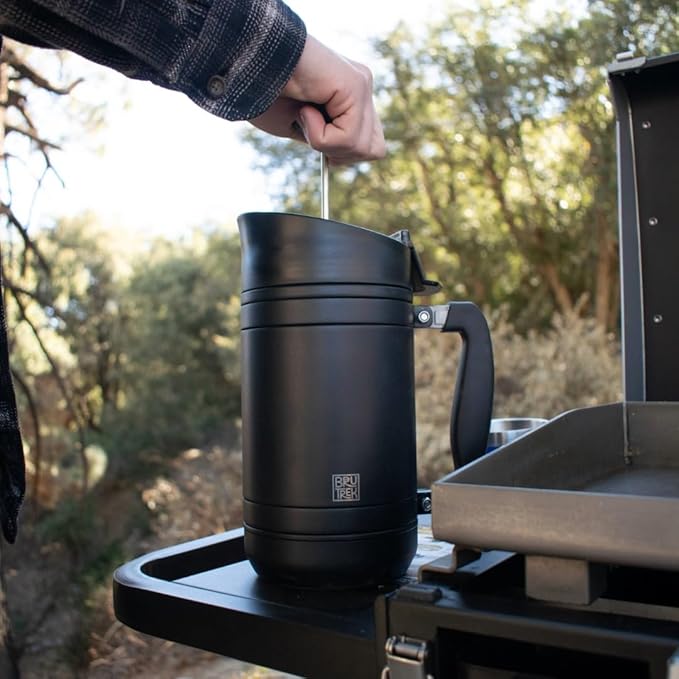 BruTrek® by Planetary Design BaseCamp Coffee Press - Double Wall Insulated Stainless Steel - Bru-Stop Technology No Grounds in Coffee No Spill Lid (Obsidian 48 fl.oz)