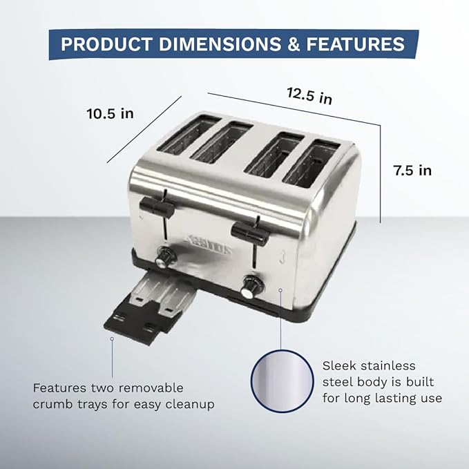 Kratos Commercial Four Slice Pop-Up Toaster 1.5 Wide Slots for Bagels and Special Breads Stainless Steel Countertop Toaster with Two Crumb Trays 120V 1800 Watts ETL Certified (29M-011)