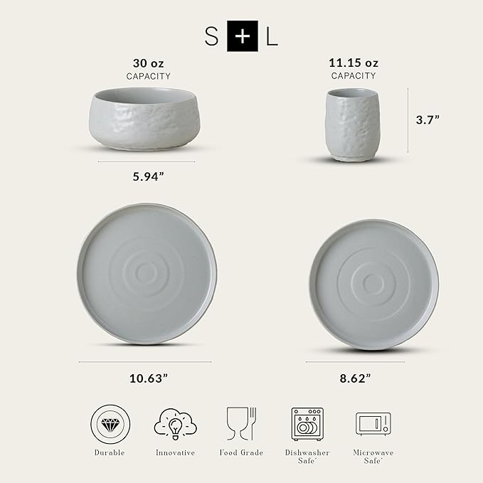 Stone by Mercer Project SHOSAI 32-Piece Stoneware Dinnerware Set Plates and Bowls Set Modern Dishware set fo 8 Grey Speckled