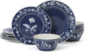 Martha Stewart Maiden Crown 12-Piece Sky Blue Dinnerware Set – New Bone China Ceramic Plates &amp Bowls – Floral Design – Service for 4 – Microwave &amp Dishwasher Safe