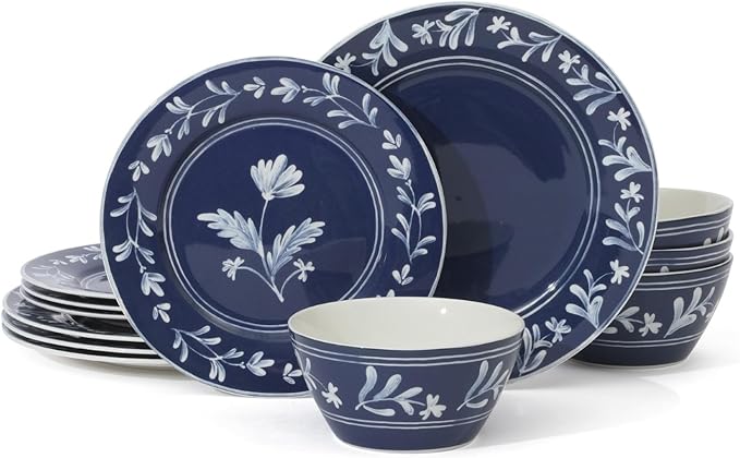 Martha Stewart Maiden Crown 12-Piece Sky Blue Dinnerware Set – New Bone China Ceramic Plates &amp Bowls – Floral Design – Service for 4 – Microwave &amp Dishwasher Safe