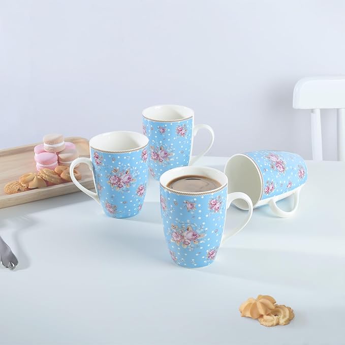 fanquare 10 Ounce Blue Floral Polka Dot Mug Set of 4 Ceramic Coffee/Tea Mugs with Pink Flower Pattern Cute Drinkware for Home Office Microwave &amp Dishwasher Safe