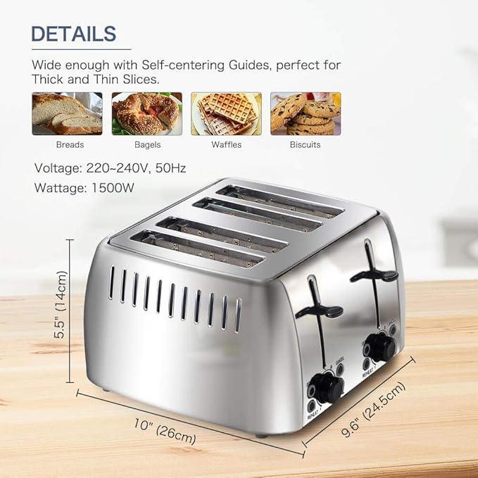 Toaster 4 Slice Stainless Steel Bagel Toaster Extra Wide Slots with 6 Browning Setting Bagel/Reheat/Defrost/Cancel Function for Toasting Bread Bagels and Waffles 1500W Silver