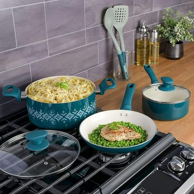 7 Piece Ceramic Nonstick Cookware Set – Healthy Aluminum Pots and Pans with Glass Lids Cool Touch Handles &amp Nylon Utensils – Oven Safe Nonstick Cooking Set for All Stovetops (Teal)