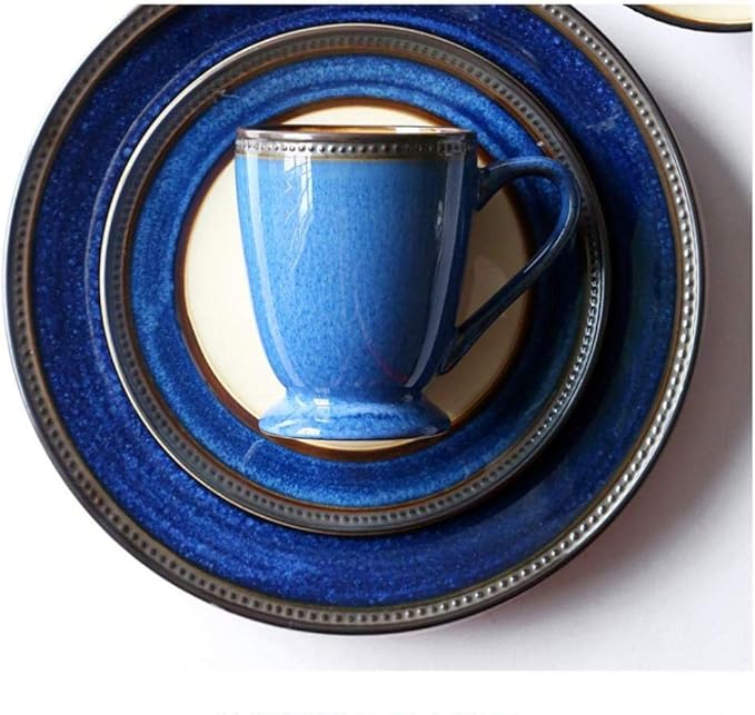 4 Pieces Vintage Blue Porcelain Dinner Set Ceramic Plate Bowl Cup Service for 1 Person
