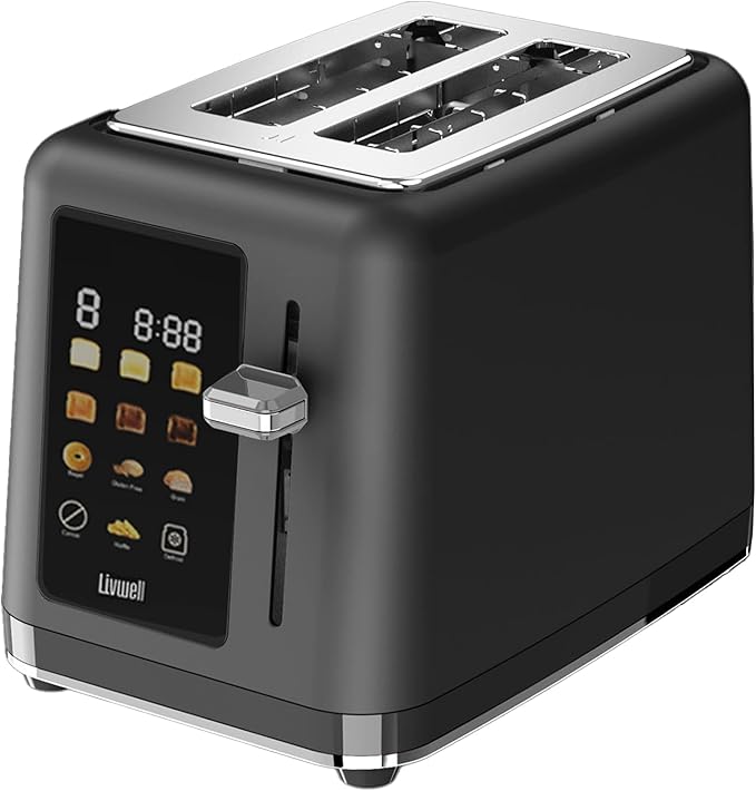 Livwell Matte 2-Slice Smart Touch Toaster with Color Screen Display - Kitchen Gifts - 6 Browning Levels Timer Countdown Adjustable Settings for Bagels Gluten-Free &amp Multigrain Bread (Matte Blac