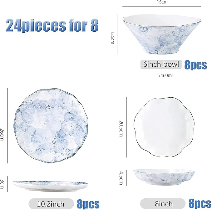 Dinner Set for Luxury Restaurant and Home 24 Pieces Porcelain Dish Set Dinnerware Sets Plates and Bowls Sets for 8 Blue Foam Series 24k Gold-PlatedB