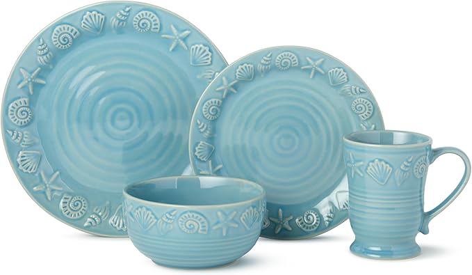 Coastline Blue 16-Piece Stoneware DINNERWARE SETSERVICE for 4with embossed coastal shells and starfish durable sea-blue tableware for relaxed coastal living everyday meals