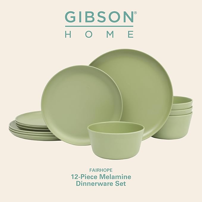 Gibson Home Fairhope 12-Piece Matte Green Melamine Dinnerware Set – Durable Lightweight Plates and Bowls Kitchen Dining Set