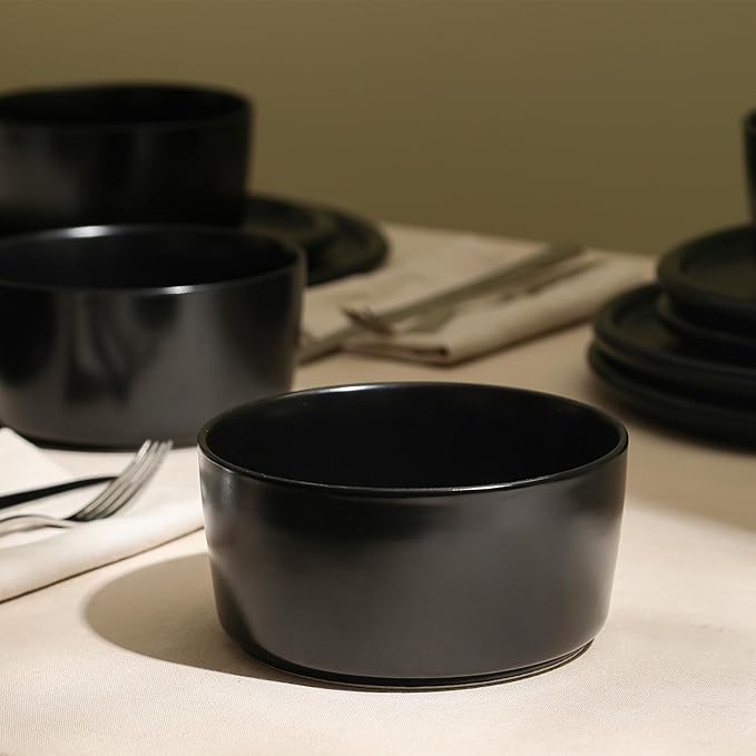 Stone Lain Eden 12-Piece Dinnerware Set Stoneware Plates and Bowls Set Dishwasher and Microwave Safe Dish Dish Set for 4 Black