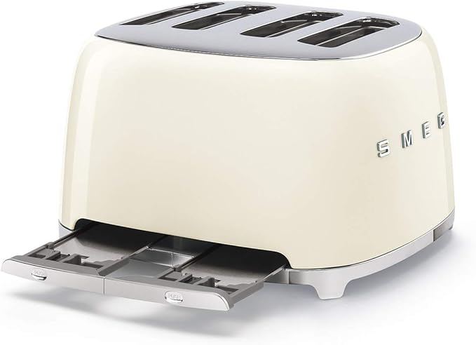 Smeg 50s Retro 4-Slot Toaster TSF03CRUS Bundle with Bamboo Tongs - Cream