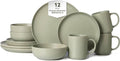 12-Piece Matte Green Dinnerware SetStoneware Dinnerware for 3 Microwave &amp Dishwasher Safe Stackable Design for Kitchen and Dining - PlatesBowls and Mugs