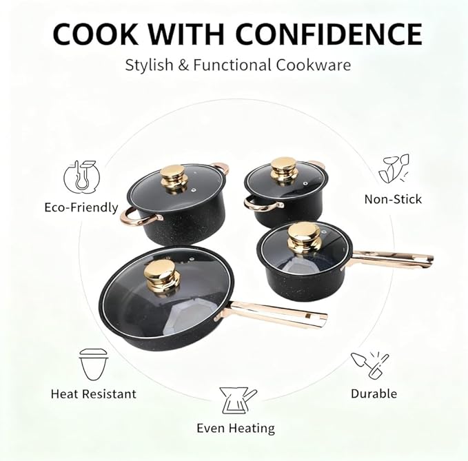 Cookware Set Stainless Steel with Maifan Stone Nonstick Coating 4 - Piece Pots and Pans with Glass Lids - Eco - Friendly Cooking Even Heat Distribution Ideal for Every