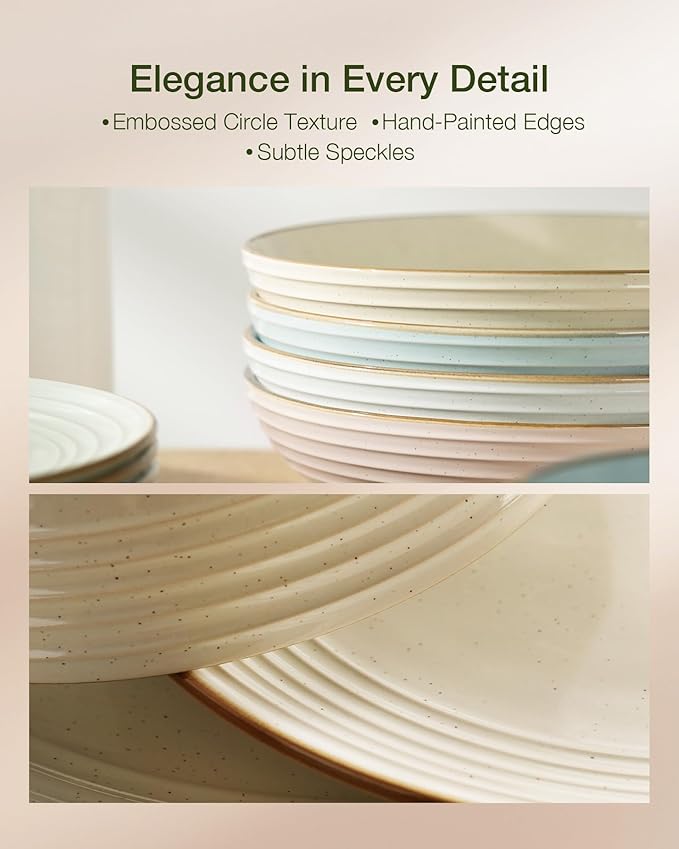 Famiware Jupiter Stoneware Dinnerware Sets for 4 (16-Piece) Handcrafted Dishes with Embossed Swirl &amp Speckles Multi-Color - Includes Chip Resistant Pasta Bowl &amp Dinner Plate for Daily &amp